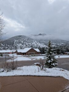 An image of the mountains as seen from the YMCA of the Rockies meeting room in Estes Park, Colorado.