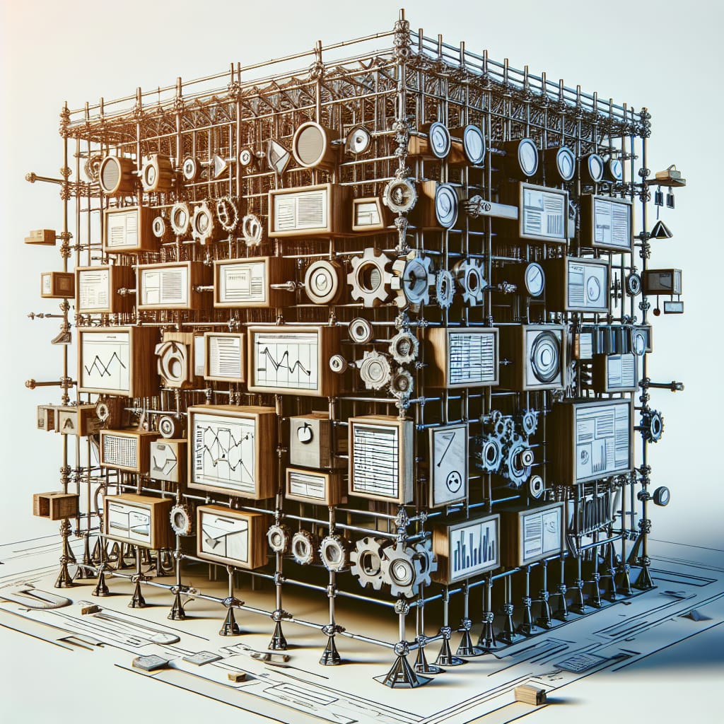 A scaffold-like structure with productivity and time management tools bolted on among the gears and struts of the structure.